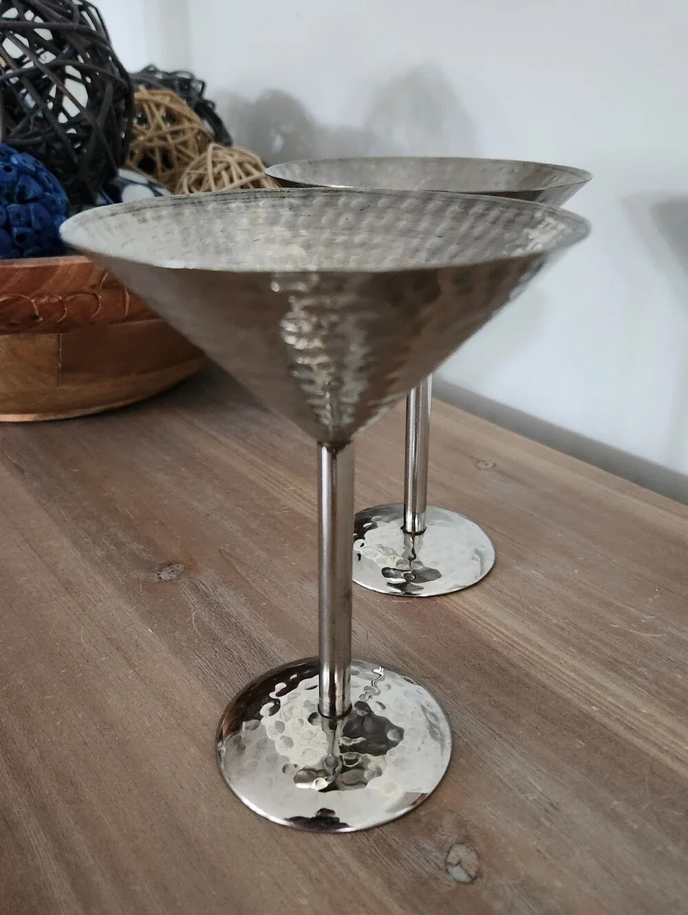 Pair of Hammered Silver Tone Metal Martini Glasses Cocktail Barware 6-Inch Tall